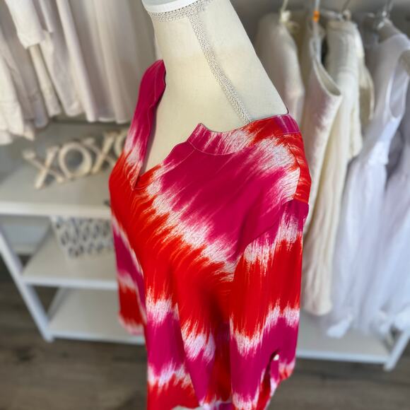 Cato Women's Size L Red and Pink Tie Dye Striped High Low Blouse #3456 - Picture 5 of 8